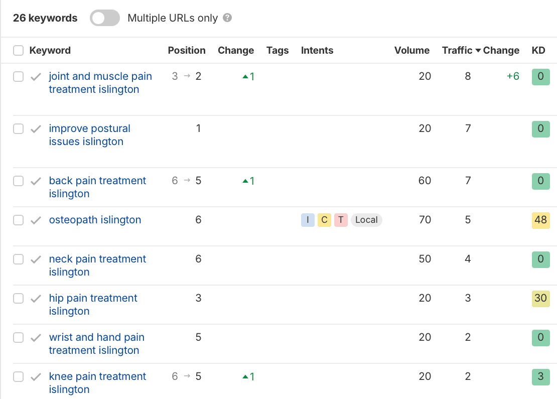 Ahrefs keyword report for Bodyfunction Clinic showing position 1 for improve postural issues islington, position 2 for joint and muscle pain treatment islington, position 3 for hip pain treatment islington and page one positions across other local treatment searches