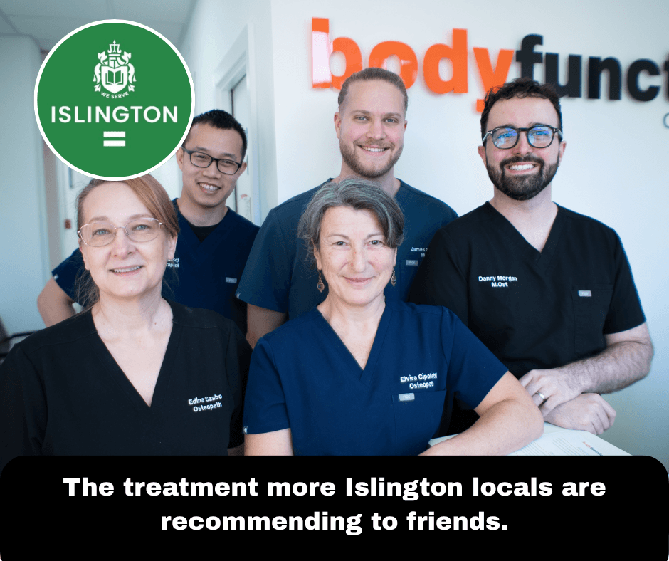 Live Facebook and Instagram ad for Bodyfunction Clinic in Islington, featuring the real clinic team and the message: the treatment more Islington locals are recommending to friends