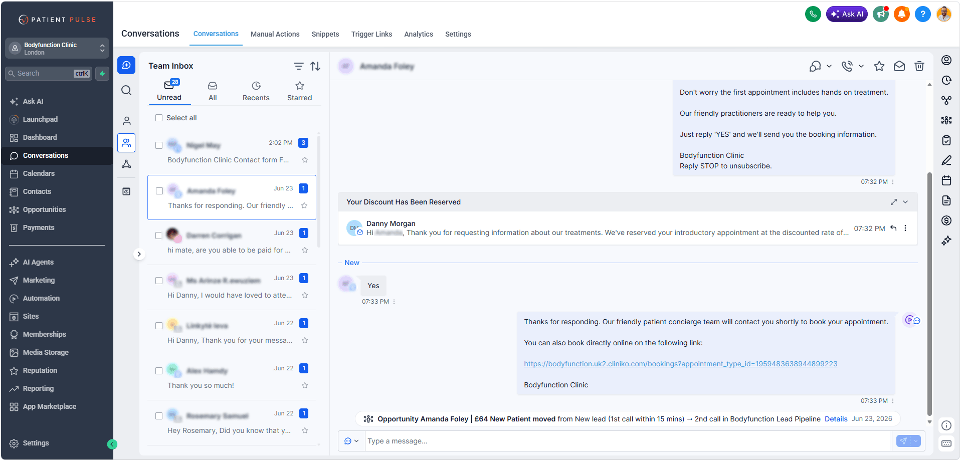 Patient Pulse team inbox showing an automatic reply, a patient confirming with 'Yes', and the opportunity moving straight to a booked appointment