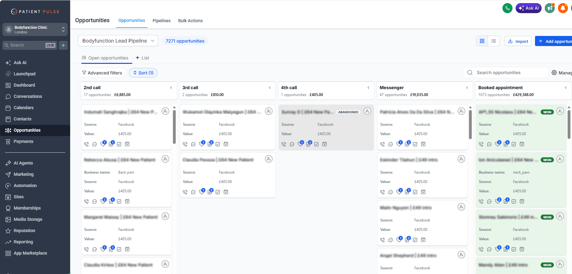 Patient Pulse opportunities pipeline with thousands of leads staged from first call to booked appointment, each with a value attached